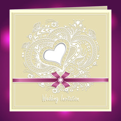 Wedding invitation with Zen-doodle Heart frame flowers bow ribbon in beige