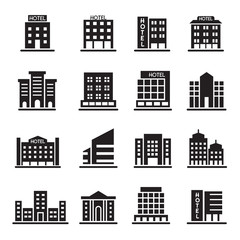 Hotel Building, Office tower, Building icons set illustration