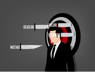 beautiful graphic design of business man standing in target circle for throwing knives by the negative word knives,graphic design concept of risk management concept