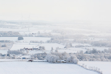 Fototapeta na wymiar Farm on the field in the winter landscape