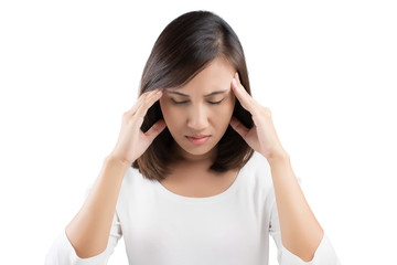Woman having a headache on white background