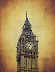Big Ben, the famous London's landmark, in old paper background