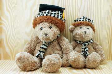 two brown bear doll wood background