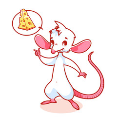Cute white mouse points his finger at the cheese and smiling.