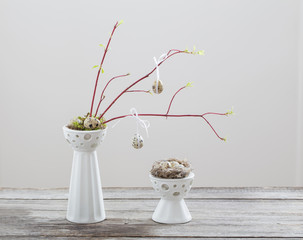 Easter eggs decorations on wooden table