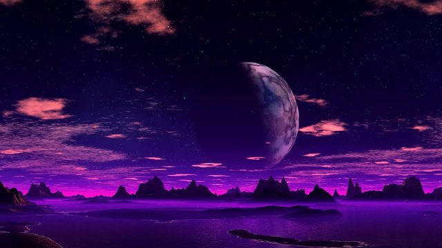Fantastic planet and moon. Old ruined cliffs are among the water. On its surface it reflects the starry sky and a large moon. Everything is painted in lilac color.