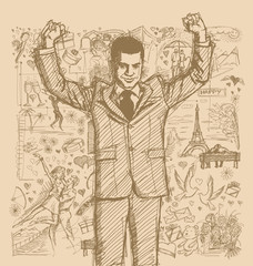 Fototapeta na wymiar Sketch Businessman With Hands Up Against Love Story Background