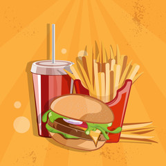 fast food vector illustration with burger,fried potatoes and col