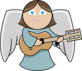 A cute little angel is playing guitar with a great smile on her face