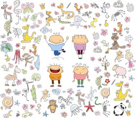 Children's drawings of doodle animals, people, flowers