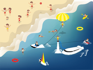 beautiful graphic design of summer activities on the beach such as swimming, jet ski, kayak, sailboat, flyboard, kitesurfing, wakeboard and diving,design concept of summer