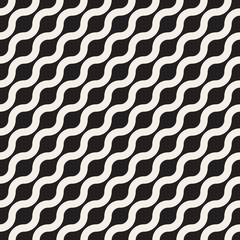 Vector Seamless Black and White Rounded Wavy Diagonal Line Geometric Pattern