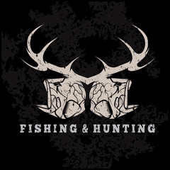 hunting and fishing vintage grunge emblem with skulls of animals