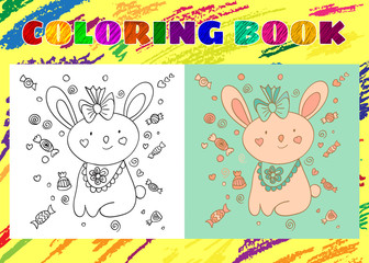 Coloring Book for Kids. Sketchy little pink Bunny in cartoon sty