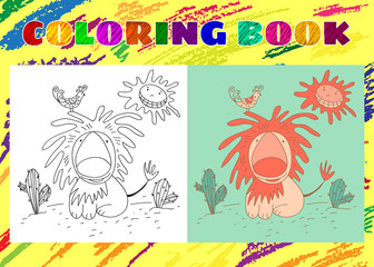 Coloring Book for Kids. Sketchy little pink lion with a bird, su