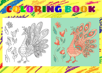 Coloring Book for Kids. Sketchy little pink peacock with flowers