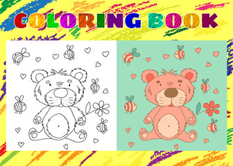 Coloring Book for Kids. Sketchy little pink bear in cartoon styl
