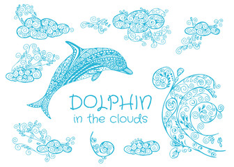 Set of hand-drawn vector elements doodled dolphin in the clouds.