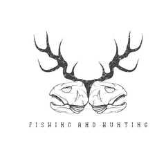 hunting and fishing vintage grunge emblem with skulls of animals