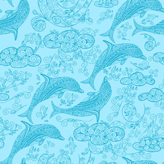 Doodled dolphin in the clouds seamless texture