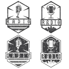 vintage grunge labels of radio with microphone and headphones