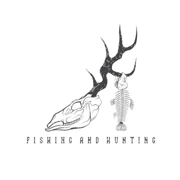 hunting and fishing vintage grunge emblem with skulls of animals