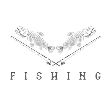 vintage fishing grunge emblem with skeleton of trout