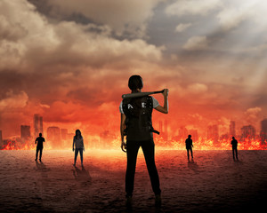 Back view of police woman ready to fight zombie