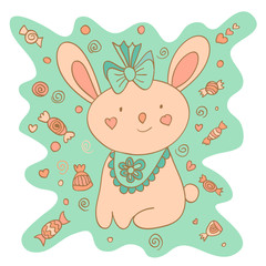 Sketchy little pink Bunny in cartoon style on.