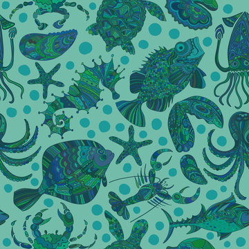 Seamless texture of a seafood in shades of green.
