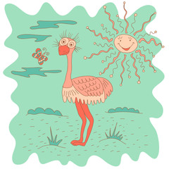 Sketchy little pink ostrich standing on savannah in cartoon styl