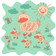 Sketchy little pink duck with ducklings on spring meadow in cart