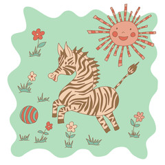 Sketchy little pink striped zebra is playing with a ball on the