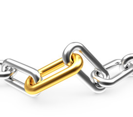 Connection concept. Silver chain with a golden link isolated on white background