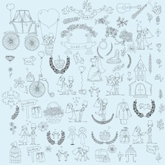 Doodle wedding set for invitation cards, including template design decorative elements - flowers, bride, groom, church, hearts 