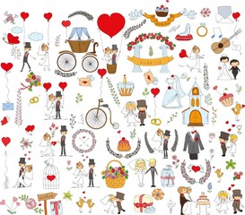 Doodle wedding set for invitation cards, including template design decorative elements - flowers, bride, groom, church, hearts 