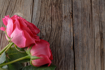 Fototapeta na wymiar Three pink roses on wooden table