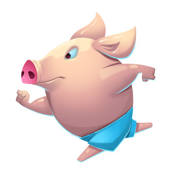 Illustration: The Naked Running Piggy. Realistic Fantastic Cartoon Style Artwork, Story Character, Wallpaper, Wish Card Design
