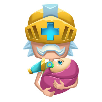 Illustration: The Old Knight serve as a Newbie Manny with a Baby. Realistic Fantastic Cartoon Style Artwork, Story Character, Wallpaper, Wish Card Design
