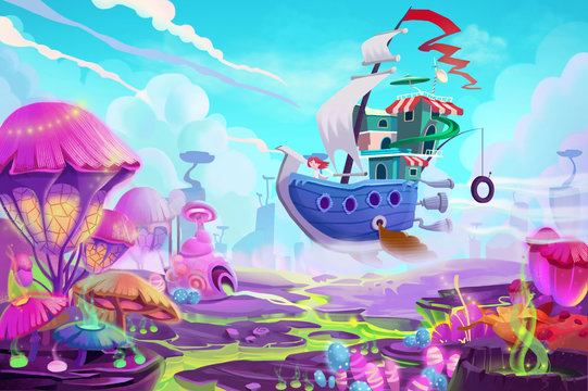Illustration: Flying to a Mystery Wonderland. Realistic Fantastic Cartoon Style Artwork Scene, Wallpaper, Game Story Background, Card Design
