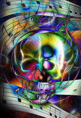 Skull and note. Skull  fractal effect and fire effect. Color space background, computer collage.