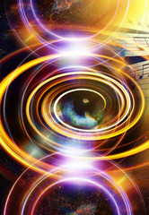 Woman Eye and music note and cosmic space with stars. abstract color background, and yellow light, fire circle. eye contact.