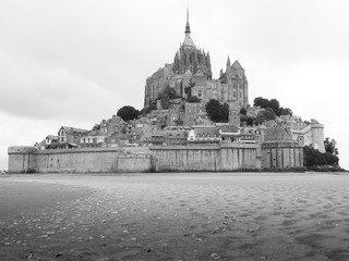 black and white of Mont St Michel in France