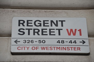 Sign for Regent Street in London, UK. Regent Street is one of the major shopping streets in the West End of London.
