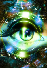 Woman Eye and music note and cosmic space with stars. Audio music speaker silhouette. abstract color background, eye contact.