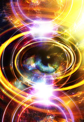 Woman Eye and music note and cosmic space with stars. abstract color background, and yellow light, fire circle. eye contact.