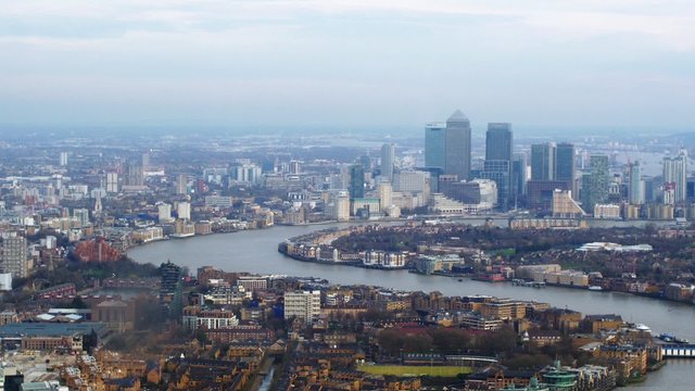 Aerial panoramic view of the financial district of the Docklands in London