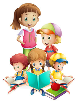 Boys and girls reading book