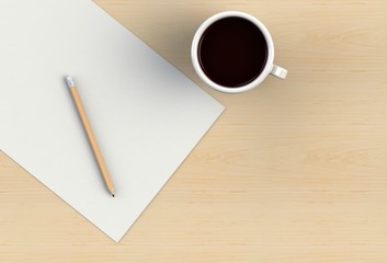 Blank paper with pencil and coffee cup on wood table