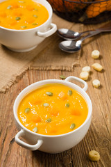 soup, cream of pumpkin served with roasted seeds and croutons.